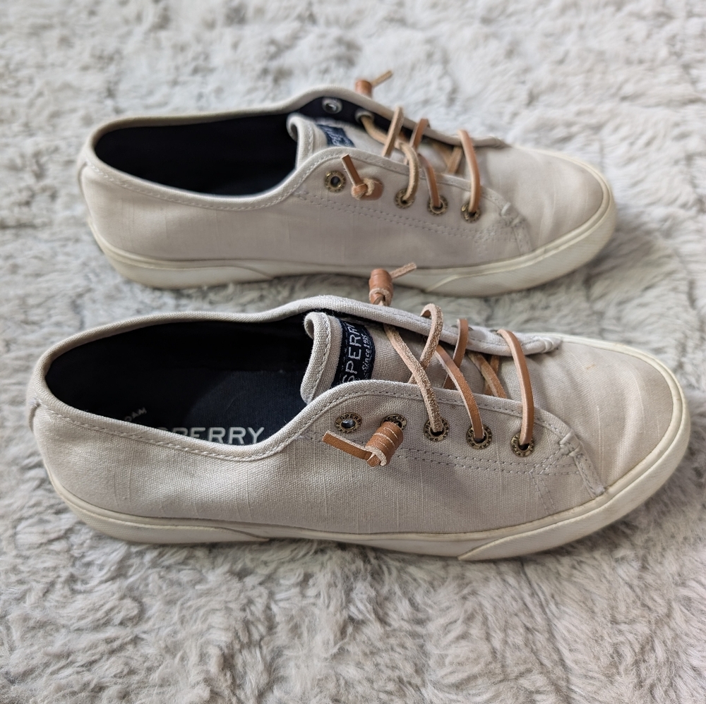 Sperry Top Slider Crest Vibe Linen Cream Women's Size 7.5
